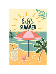 Hello Summer Vector Illustration with Beach Scene.