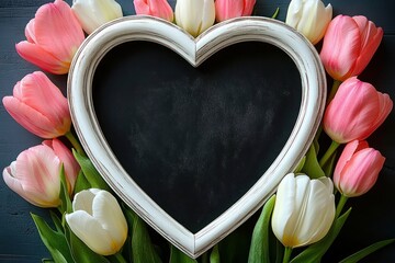 Heart-shaped white wooden frame surrounded by pink and white tulips on dark wooden background, evoking feelings of love and spring freshness