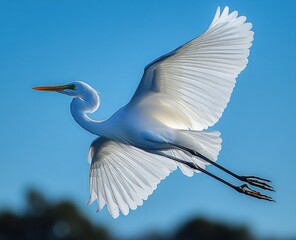 Graceful white egret bird soaring with fully spread wings against clear blue sky