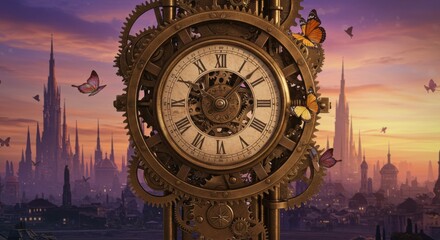 Grand Steampunk Clock with Intricate Exposed Gears Overlooking a Sprawling Victorian Cityscape at Sunset, with Mechanical Butterflies Flying, Symbolizing Time, Industry, and Fantasy.