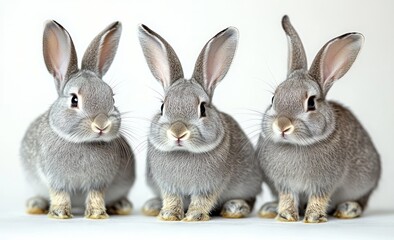 Obraz premium Three grey rabbits sitting closely together with alert ears against a plain white background