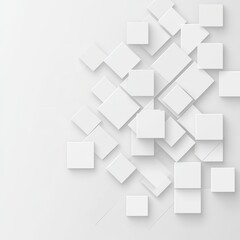 Abstract composition of numerous off-white, slightly shadowed, cubes and squares arranged asymmetrically against a plain white backdrop