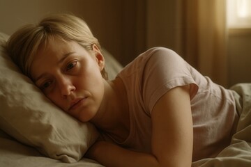 Insomnia Reflection: A Woman Feeling Anxious, Exhausted, and Stressed in Bed, Struggling with Sleep Disorder