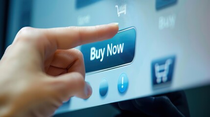 Close-up of a person's hand clicking the "Buy Now" button on a website.