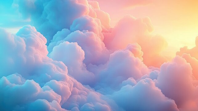 Soft, fluffy clouds glowing with pastel hues of blue, pink, and orange during a serene sunrise or sunset, evoking calmness and tranquility
