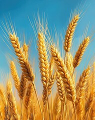 Golden wheat stalks bathed in sunlight against a clear blue sky conveying a sense of abundance and natural beauty