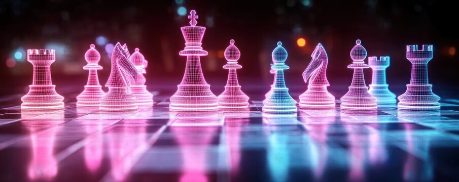 Glowing neon chess pieces arranged on a reflective chessboard with a futuristic digital appearance and vibrant pink and blue lighting effects