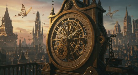Grand Steampunk Clock with Intricate Exposed Gears Overlooking a Sprawling Victorian Cityscape at Sunset, with Mechanical Butterflies Flying, Symbolizing Time, Industry, and Fantasy.