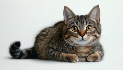 Fototapeta premium close-up of a calm tabby cat lying down with bright amber eyes and striped fur against a plain white background