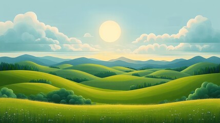 Obraz premium Sunny sky over rolling green hills with scattered trees and distant mountains under fluffy clouds in a peaceful landscape