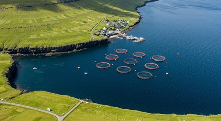 Aerial Photo of Salmon Fish Farm in Faroe Islands