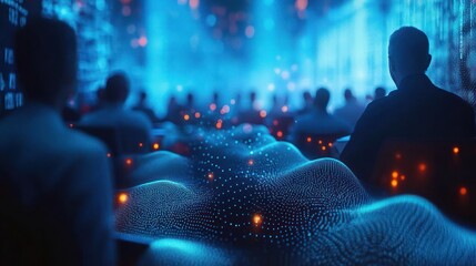 People sitting in a dark room with digital wave patterns and glowing data points in a futuristic blue and orange light environment