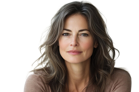 A serene woman with silver highlights radiating confidence quiet strength against a dramatic on transparent background