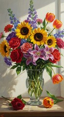 Colorful Floral Bouquet In Vase With Sunlight