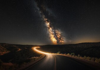 Fototapeta premium Curving road illuminated by soft vehicle light trails under a star-filled night sky with a bright glowing Milky Way galaxy and silhouetted landscape hills