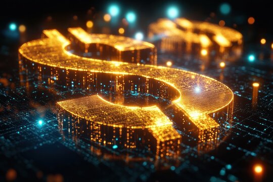 Glowing digital dollar and euro currency symbols illuminated with vibrant golden and blue lights on a high-tech circuit board background conveying financial technology