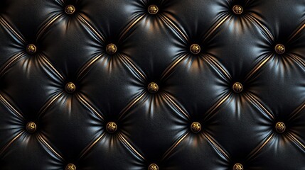 Naklejka premium Close-up view of black leather upholstery with button tufting and soft lighting highlighting texture and glossy finish