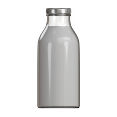 High-detail 3D render of a glass bottle with milk placed on a glossy surface with soft lighting and reflections