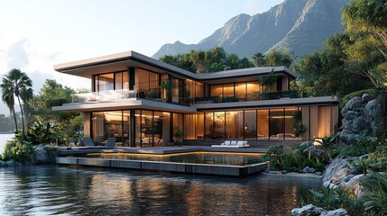 Obraz premium Architectural landmark on pier blending sharp design lines with natural waterfront setting 