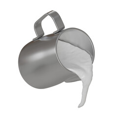 Realistic 3D render of a silver stainless steel frothing pitcher pouring a smooth stream of milk
