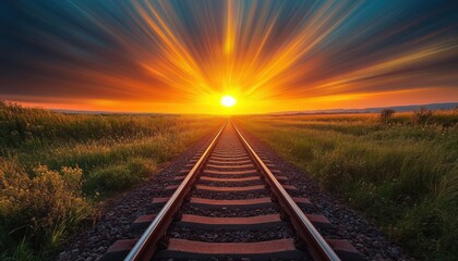 Obraz premium Sunset glowing over endless railway tracks running through green fields with vibrant sky and radiant sun shining at the horizon