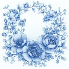 Detailed hand-drawn blue floral wreath composed of large blooming peonies and lush leaves arranged in a circular pattern on white background