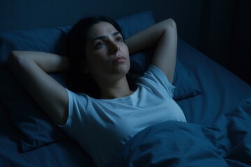 Woman Struggling with Insomnia, Lying Awake in Bed Feeling Anxious and Restless