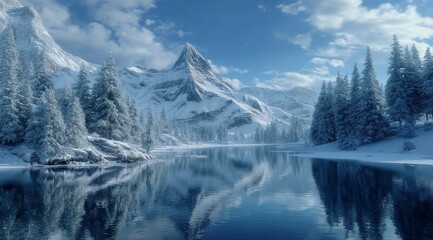 A serene winter landscape featuring a calm lake reflecting snow-covered mountains and evergreen trees