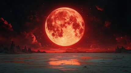 Massive glowing red moon rising over a barren alien landscape with jagged rock formations and reflective wet ground under a dark red sky