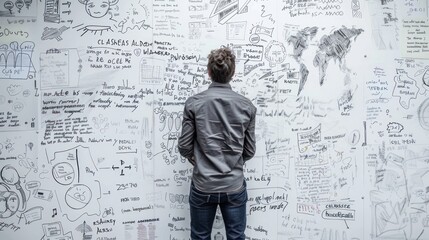 Designer brainstorming ideas on a whiteboard covered with drawings.