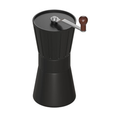High-quality 3D render of a black metal manual coffee grinder with a side-mounted crank handle with wooden handle knob