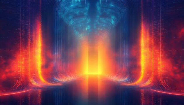 Futuristic glowing tunnel with bright orange, red, and blue lights creating a symmetrical, reflective cyber space environment with an intense warm center
