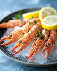 Fresh langoustines served on a bed of ice with herb butter and lemon wedges, showcasing a clean and elegant seafood presentation with vibrant citrus and fine dining appeal