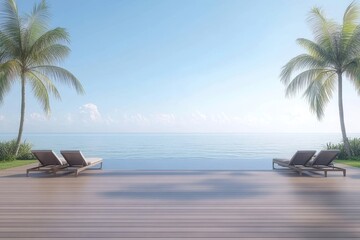 Infinity Pool with Lounge Chairs and Palm Trees Overlooking the Ocean