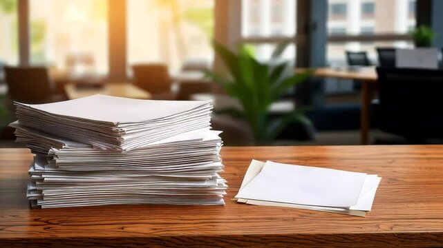 Neatly Piled White Paper Stack on Wood Surface Indoors