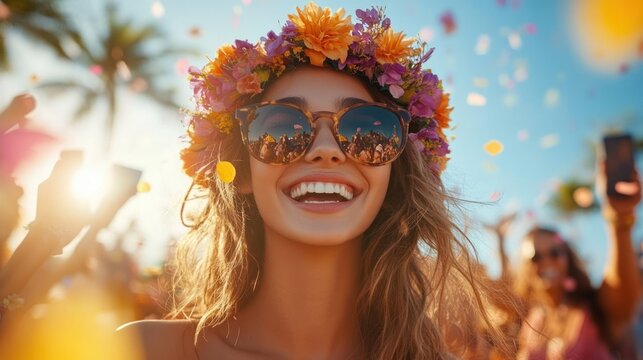 Joyful young woman wearing sunglasses and a colorful flower crown smiling brightly at an outdoor festival under a sunny sky with blurred crowd and flower petals in the air