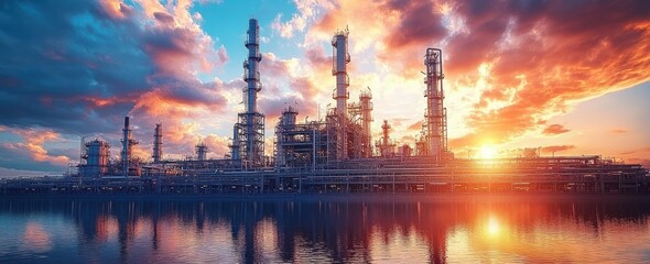 Industrial refinery complex with multiple tall towers and structures reflecting on calm water during a vibrant sunset with colorful clouds
