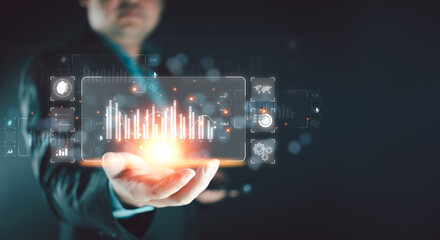 Analyst working with business analytics and data management system on virtual screen, a report with KPI and metrics connected to database. Corporate strategy for finance, operations, sales, marketing.