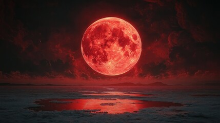 Fototapeta premium Giant glowing red moon above a dark cloudy landscape with red reflections on water creating an eerie and dramatic atmosphere