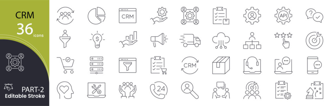 CRM related icons set. Including customer, sales, support, relationship, contact, marketing, data, and management. Editable stroke. outline icons.