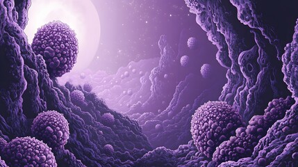 Obraz premium Purple landscape of microscopic structures under a moon.
