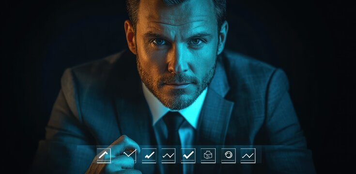 Confident businessman in suit looking intensely at camera with graphical business icons overlay symbolizing growth and analysis