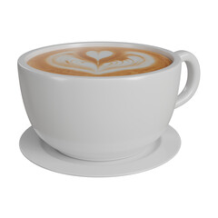 Realistic 3D render of a white ceramic coffee cup filled with creamy latte, eaturing a heart-shaped latte art