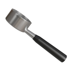 3D render of a coffee portafilter attached to a professional-grade espresso machine. The metal surface is reflective