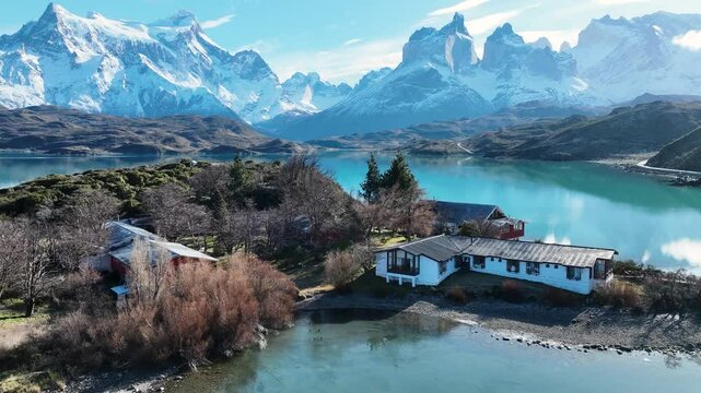 Country House In Torres Del Paine Puerto Natales Chile. Birds Eye View Of Peaceful Mountains Valley And Forest Trees. Snowing Lake Glacial Frozen. Glacial. Torres Del Paine Puerto Natales.