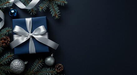 Christmas Photo Dark Background Gift Silver Ribbon Decor