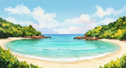Naklejka premium Illustration of Idyllic Tropical Beach Cove with White Sand and Turquoise Water