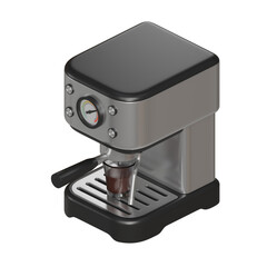Realistic 3D render of a silver and black chrome-finish coffee machine brewing hot coffee into a clear glass cup