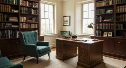 Classic Home Library Interior Design with Wooden Desk and Bookshelves