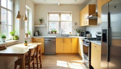 A bright and airy shared kitchen, fully equipped with stainless steel appliances, ample counter space, and modern cabinets  Ideal for communal living or a co-working space ,  countertops,  microwave